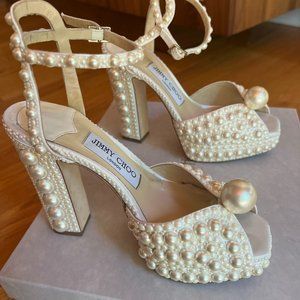Jimmy Choo Sacaria 120mm Pearly-Stud Platform Sandals Wedding Shoes Size 36